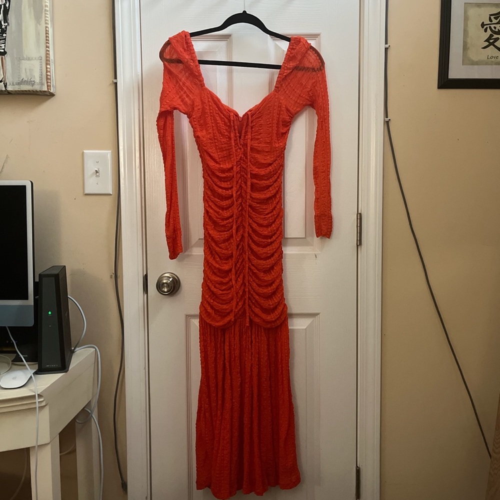 GANNI Ruched Orange Midi Dress - Picture 3 of 5